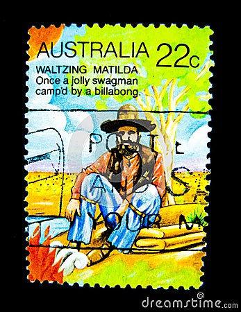 A stamp printed in Australia shows an image of Waltzing Matilda once a Jolly Swagman camped by a billabong on value at 22 cent. Editorial Stock Photo